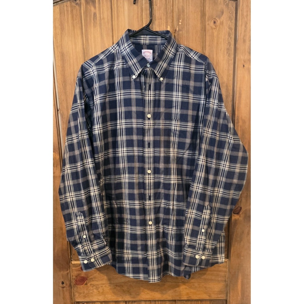 Brooks Brothers Madison Button Down Shirt Mens L Blue Plaid Non Iron Long Sleeve